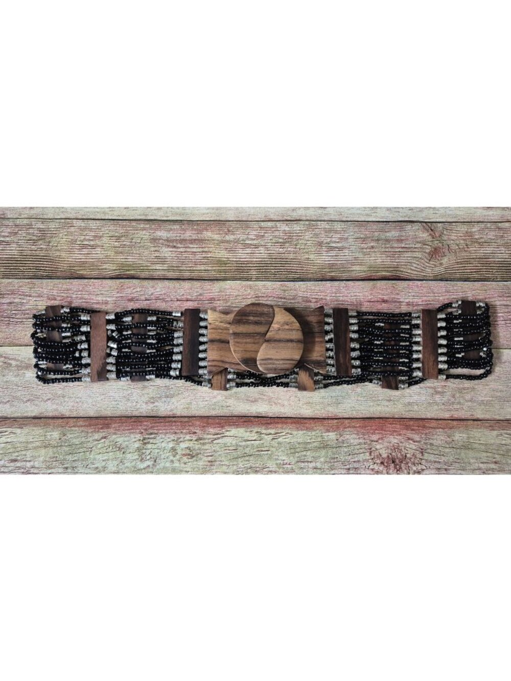 Vintage Wide Black Silver Beaded Stretch Belt Wooden Buckle Boho Chic Artsy 32"